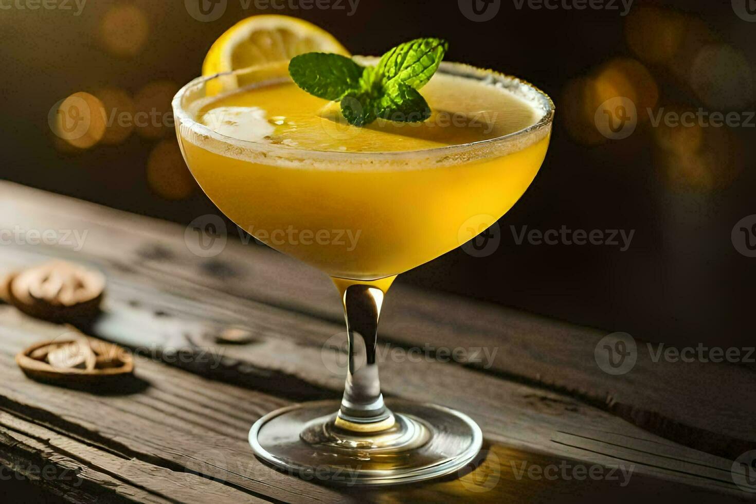 a cocktail with lemon and mint on a wooden table. AI-Generated photo