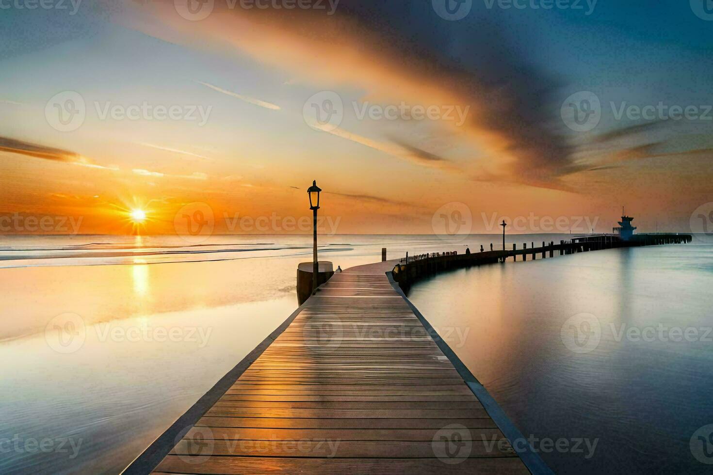 un de madera muelle Guías a el Oceano a puesta de sol. generado por ai foto