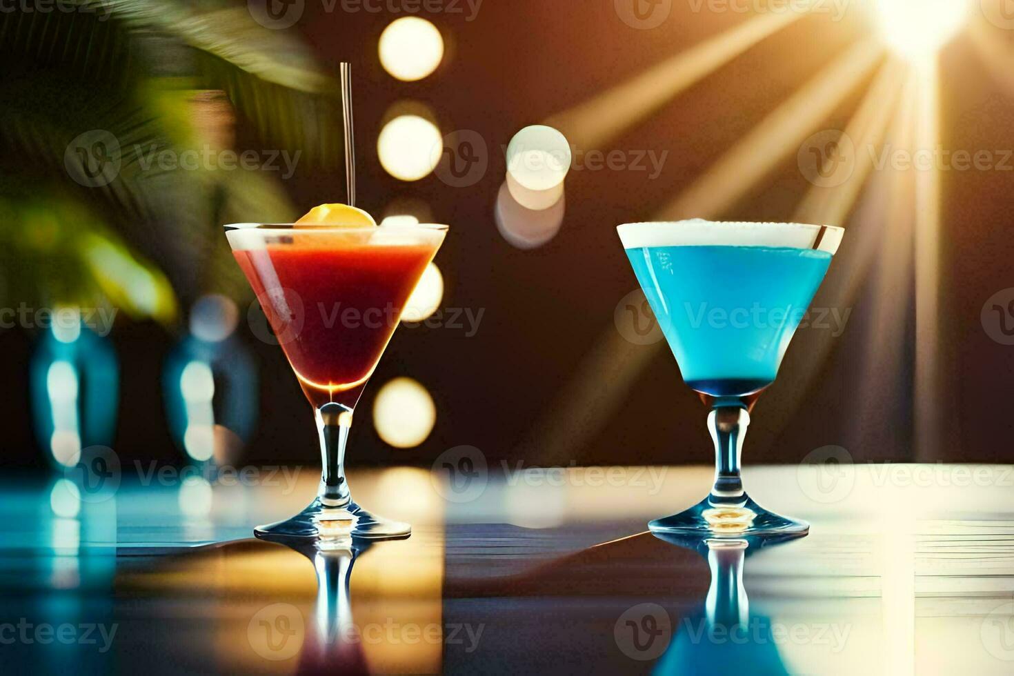 two cocktails on a table with bright lights. AI-Generated photo