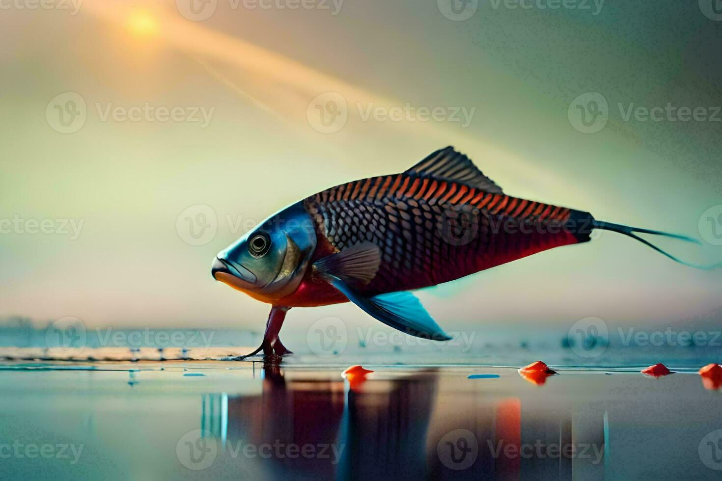 a fish is standing on the water with a sun in the background. AI-Generated photo