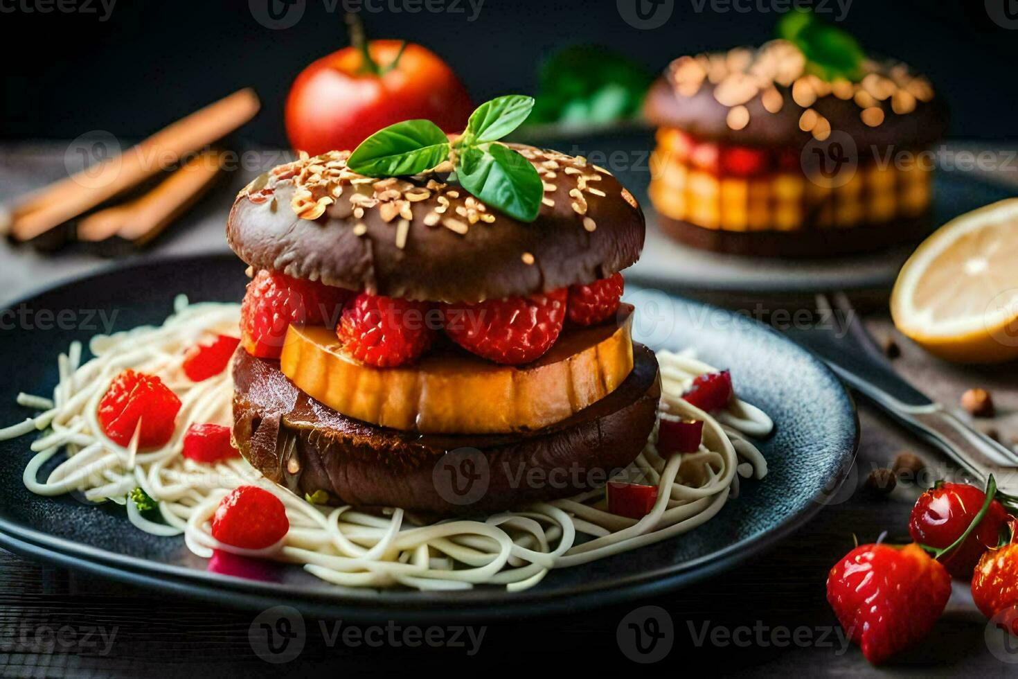 a plate with a chocolate burger and strawberries. AI-Generated photo