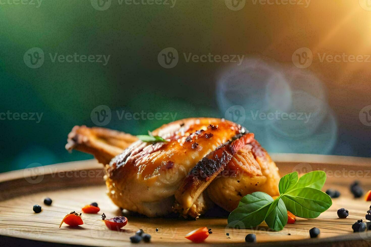a chicken on a wooden plate with spices. AI-Generated photo