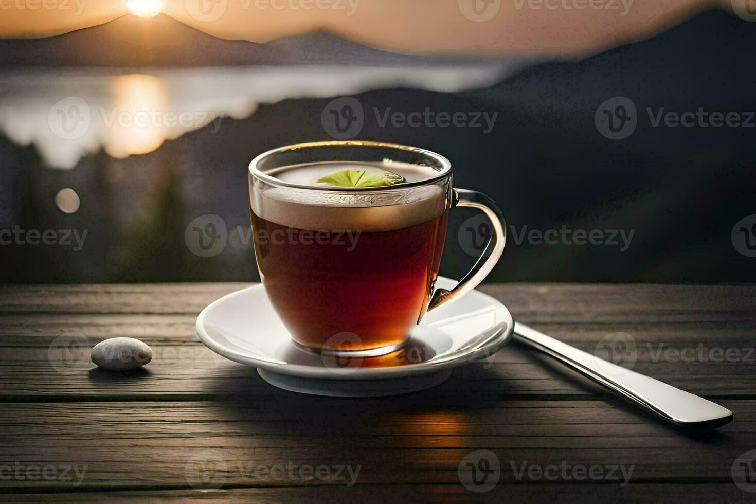 un taza de té en un mesa con un ver de el montañas. generado por ai foto