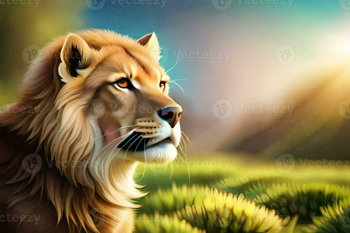 the lion is looking at the camera in this digital painting. AI-Generated photo