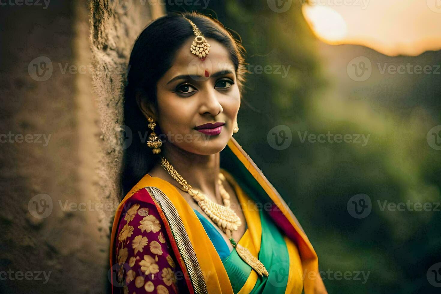 a beautiful indian woman in a colorful sari. AI-Generated photo