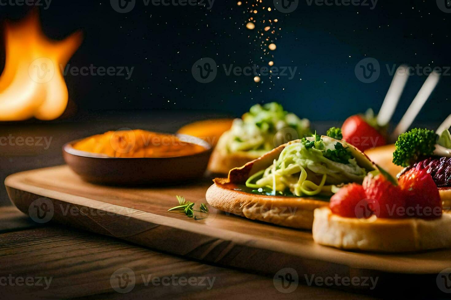 food on a wooden tray with fire in the background. AI-Generated photo