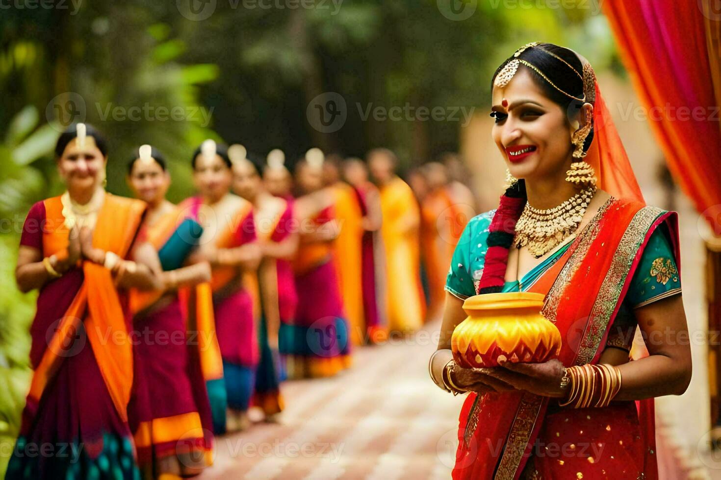 indian women in saris holding a pot. AI-Generated photo