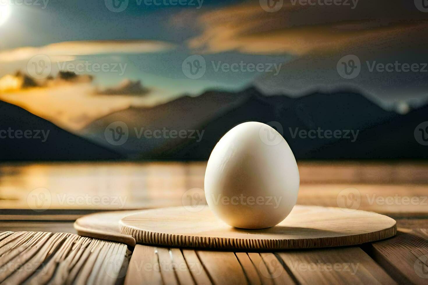 an egg on a wooden board with mountains in the background. AI-Generated photo