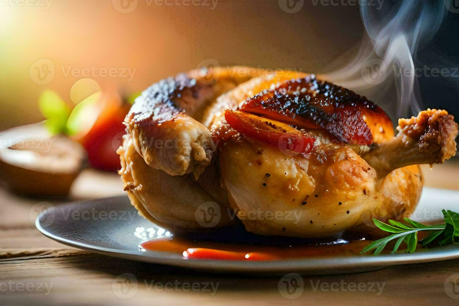 a chicken is on a plate with smoke coming out of it. AI-Generated photo