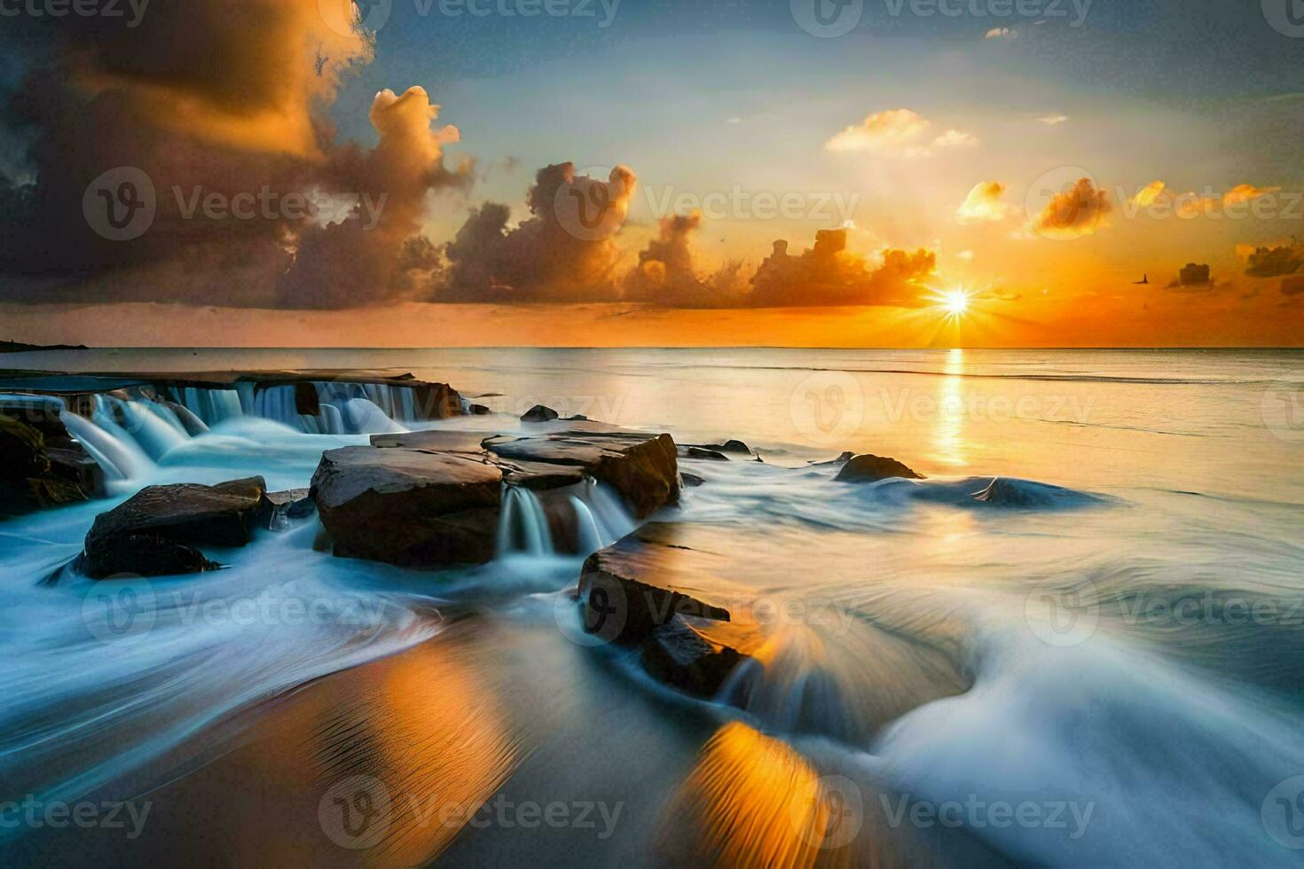 the sun sets over the ocean and waves crashing into rocks. AI-Generated photo