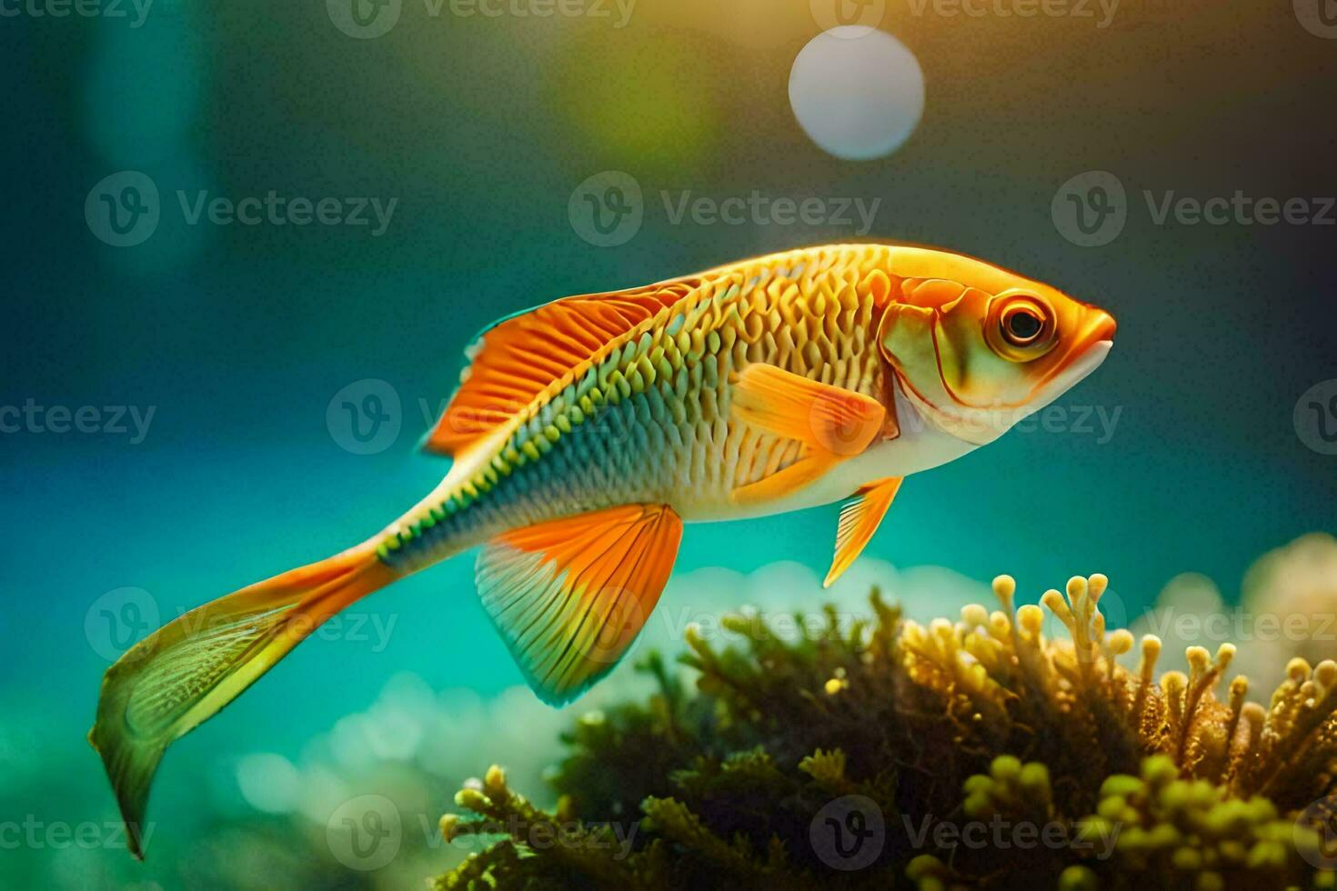 a fish swimming in the ocean with a bright light. AI-Generated photo