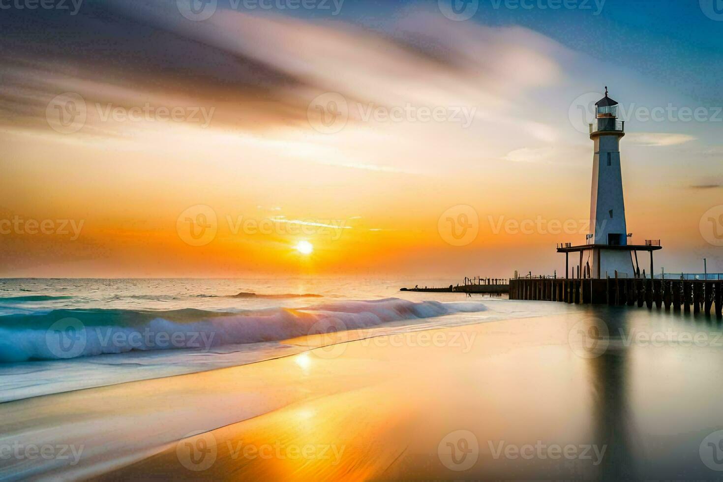 a lighthouse stands on the beach at sunset. AI-Generated photo
