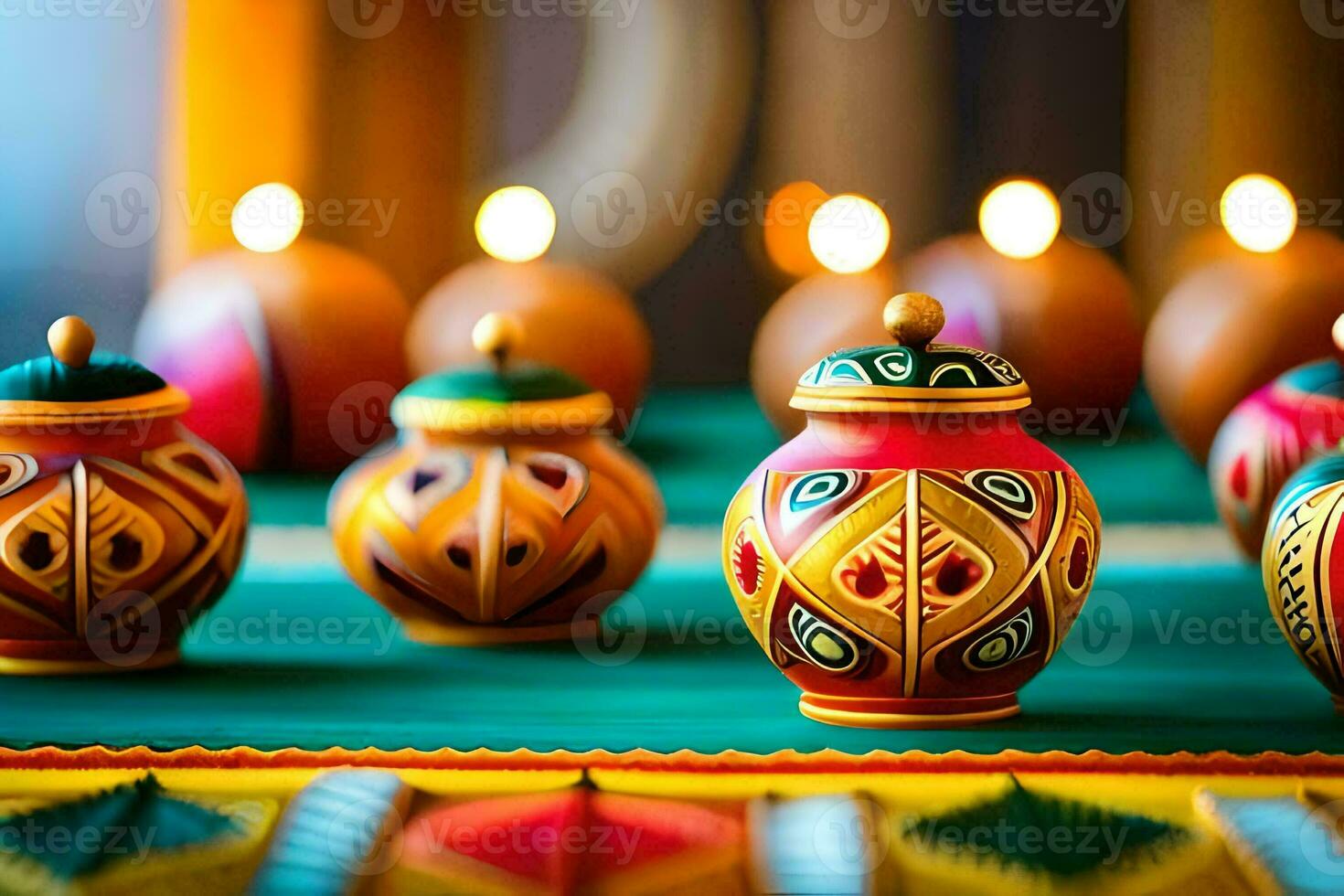 colorful decorative pots with candles on a table. AI-Generated photo