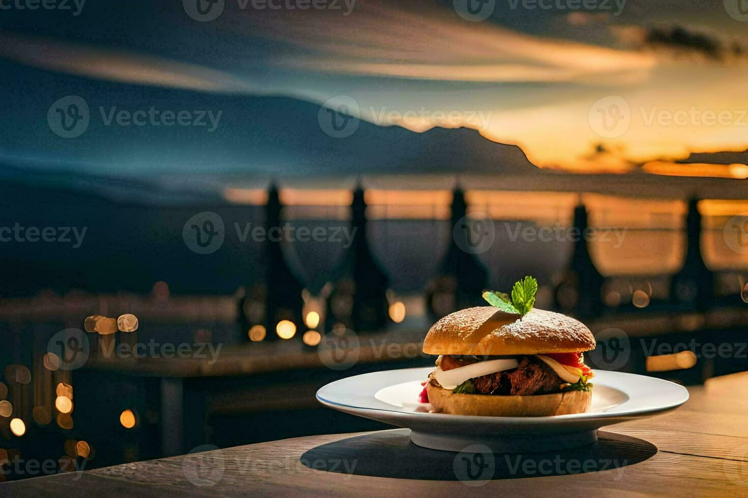 a burger on a plate with a view of the city. AI-Generated photo