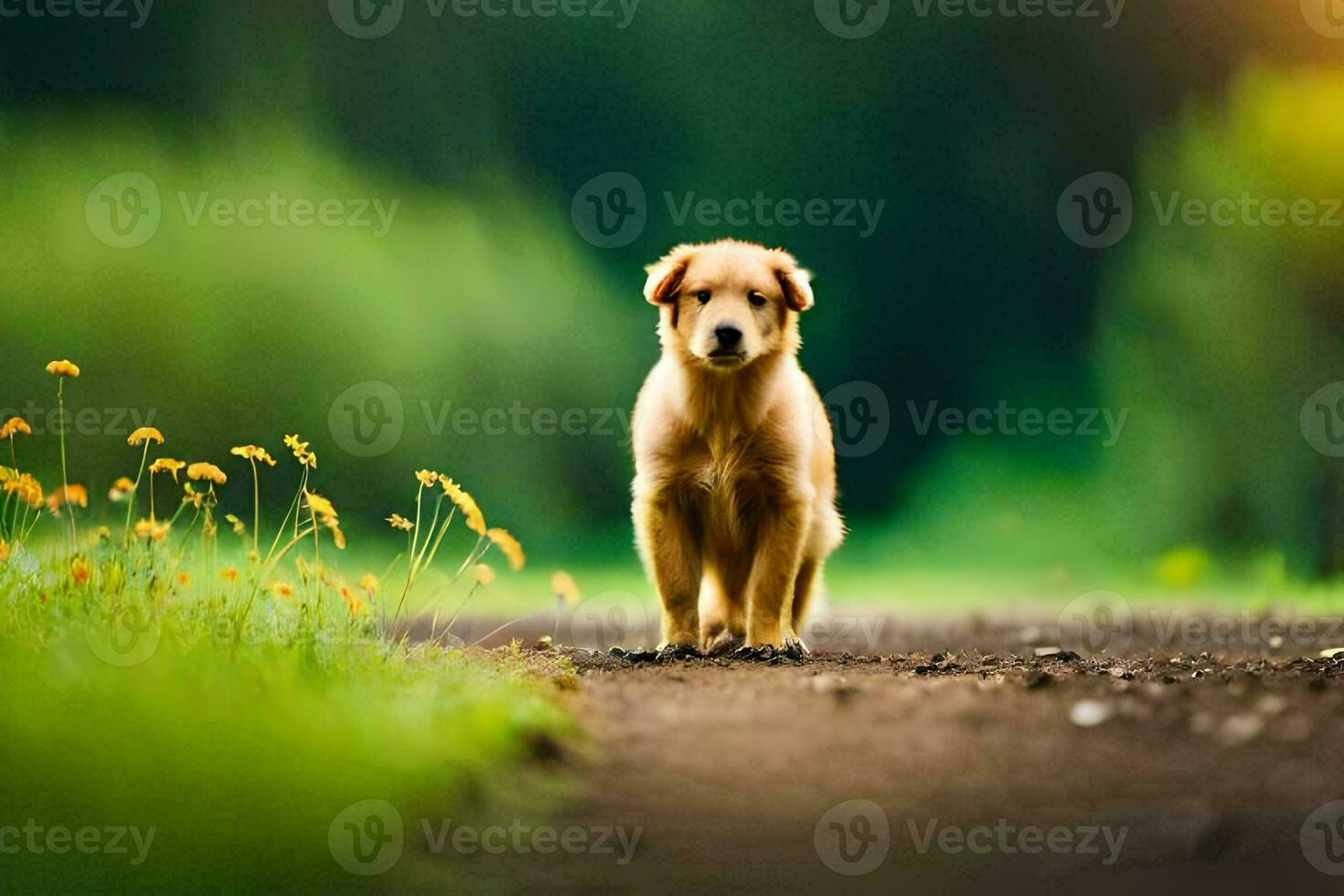 a golden retriever standing on a dirt road. AI-Generated photo