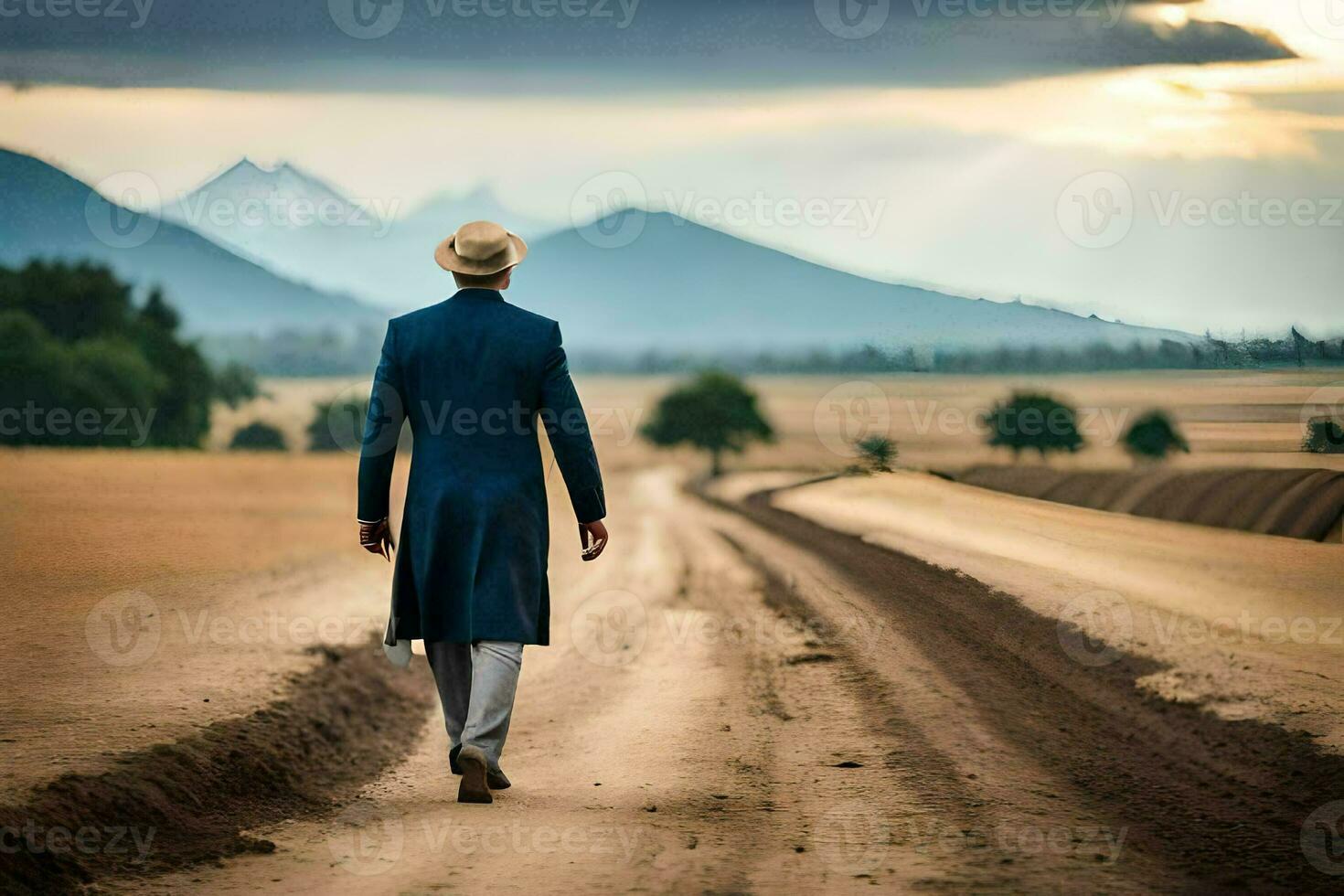 a man in a blue suit and hat walks down a dirt road. AI-Generated photo