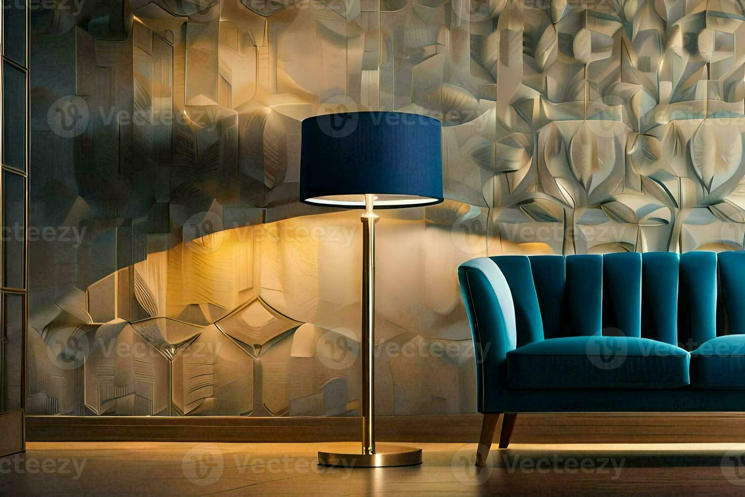 a blue couch and lamp in front of a wall with geometric patterns. AI-Generated photo