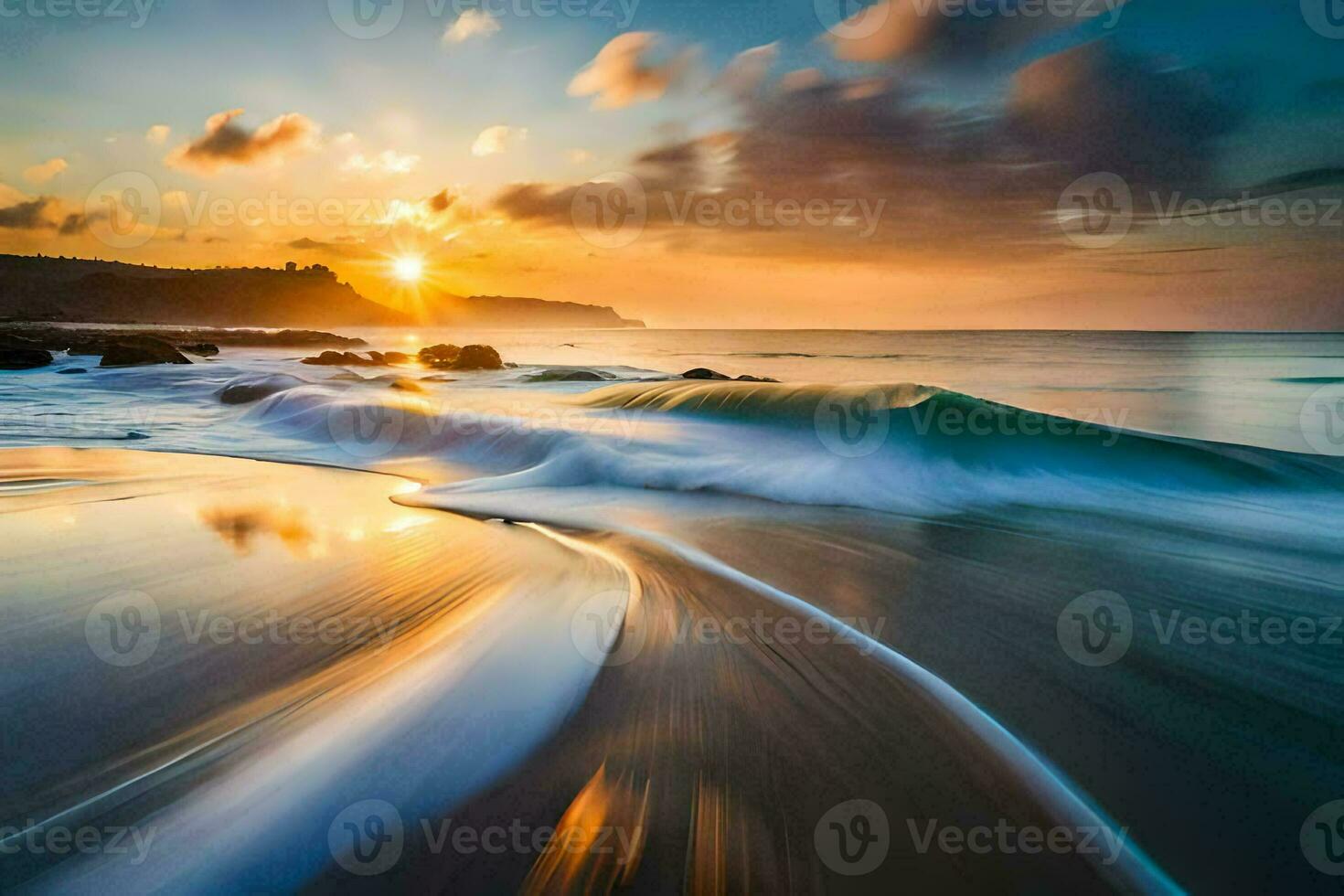 a beautiful sunset over the ocean with waves crashing into the shore. AI-Generated photo
