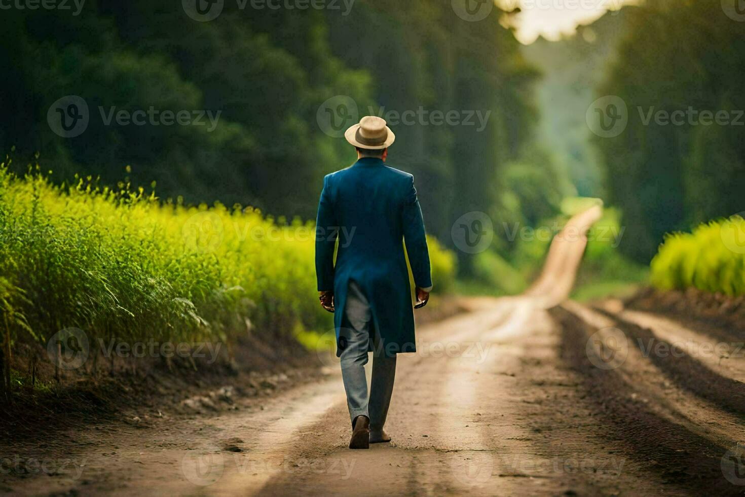 un hombre en un traje y sombrero camina abajo un suciedad la carretera. generado por ai foto