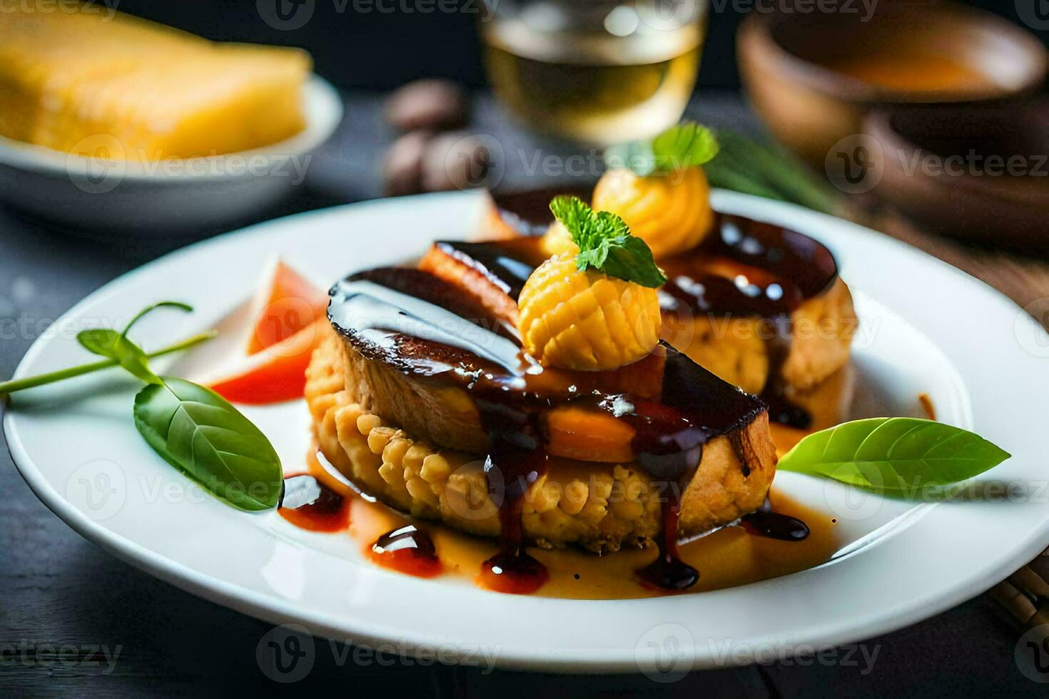 a plate with a dessert with pineapple and syrup. AI-Generated photo
