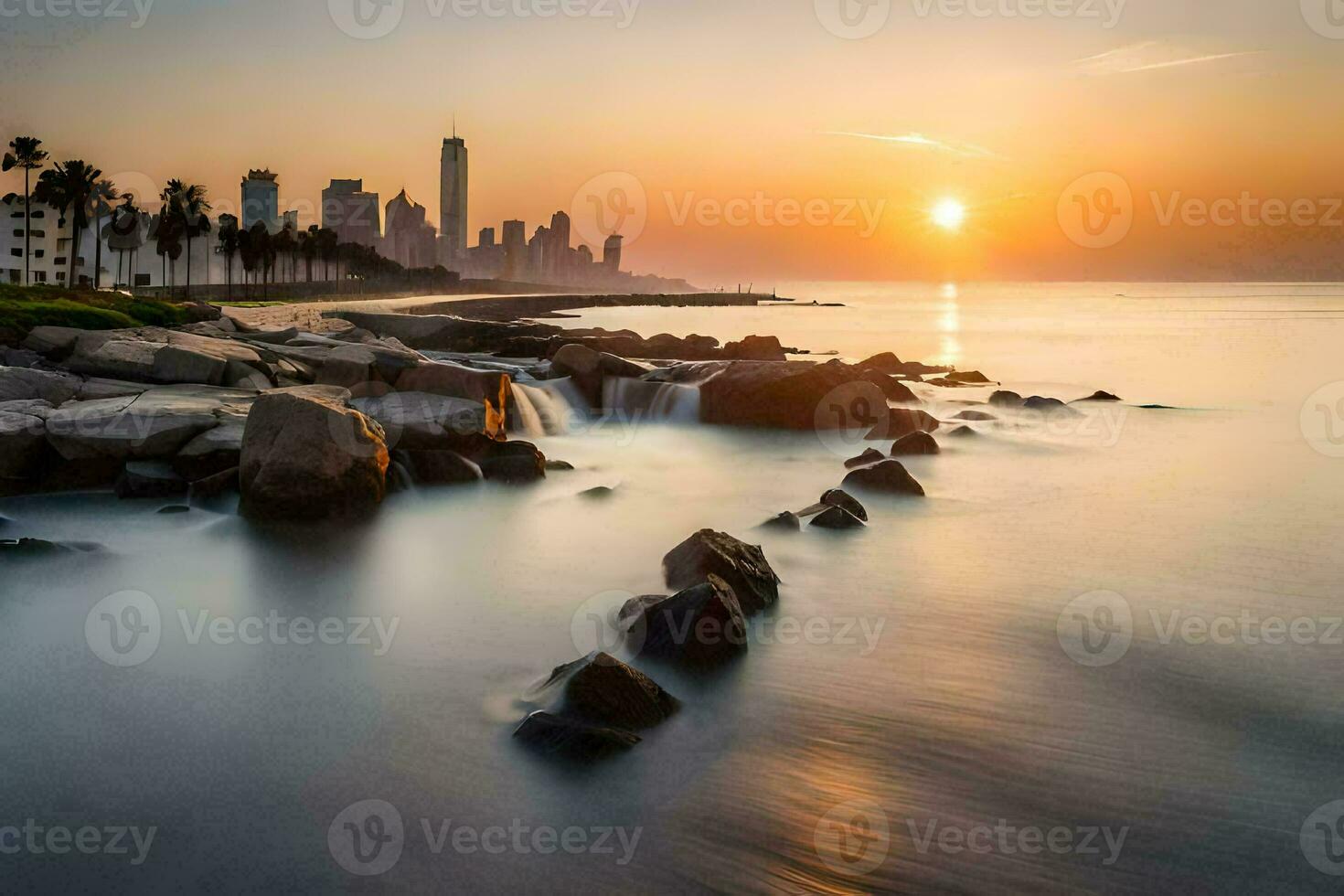the sun sets over the city skyline in this photo. AI-Generated photo