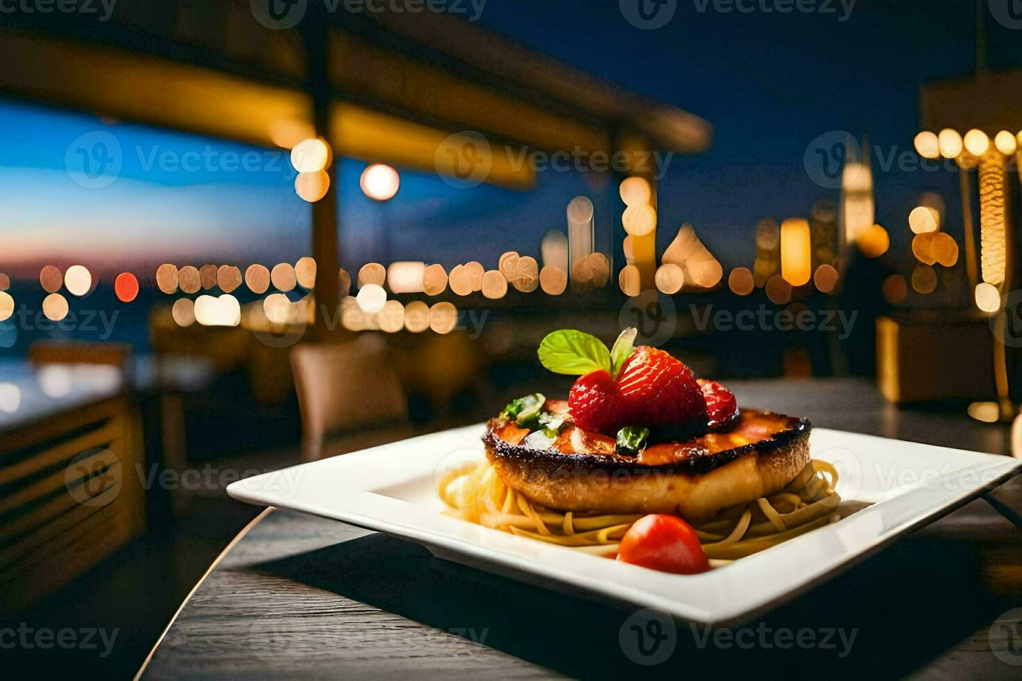 un plato de comida con fresas y un ver de el ciudad. generado por ai foto