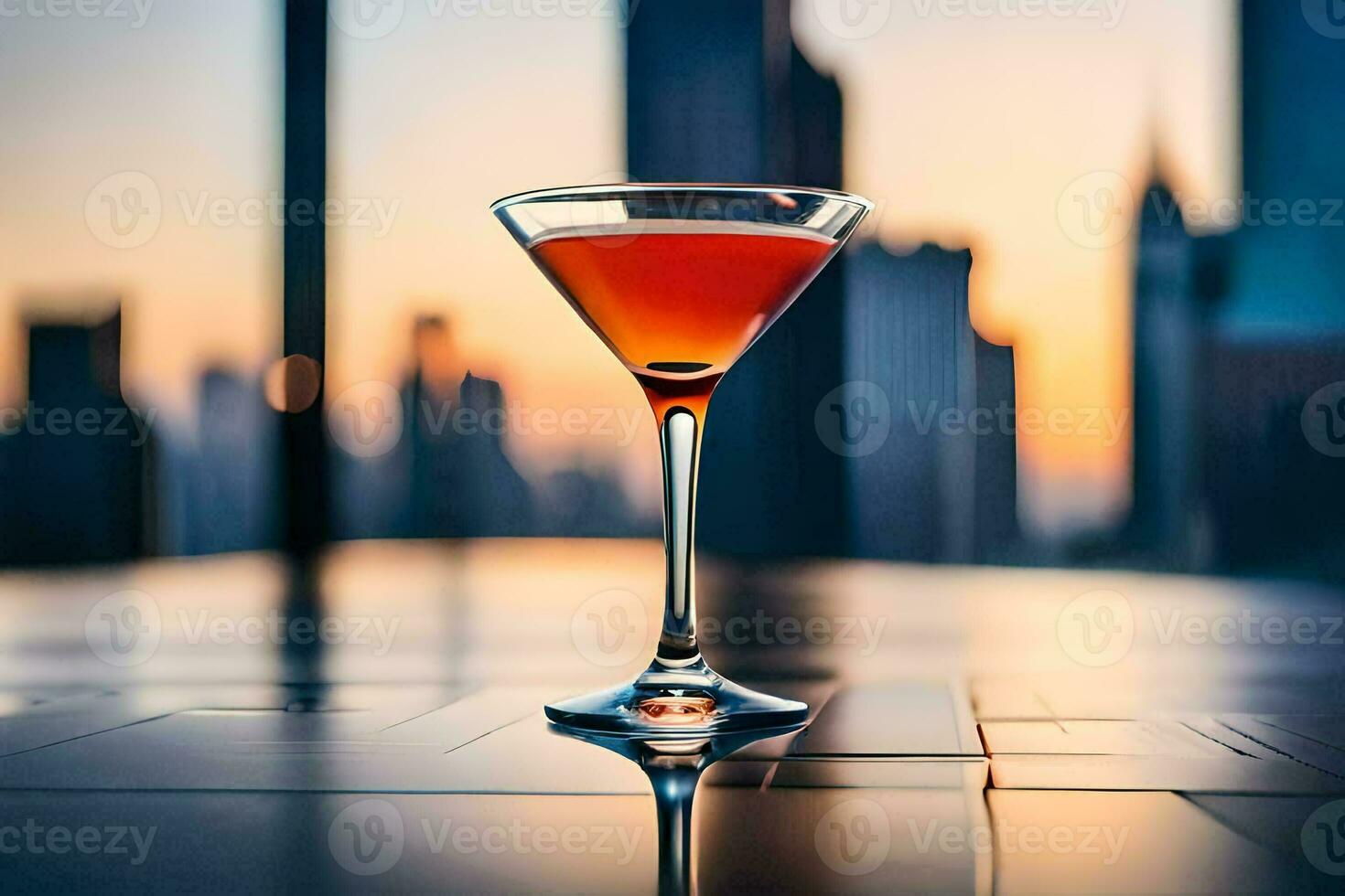 a cocktail in a martini glass on a table in front of a city skyline. AI-Generated photo