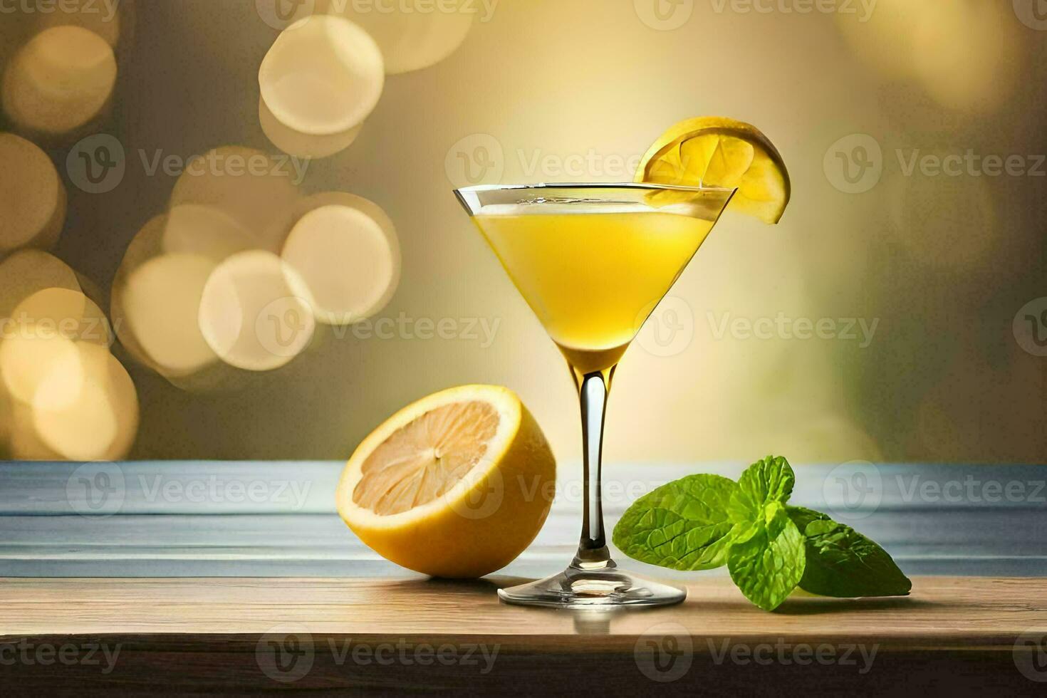 a cocktail with lemon and mint on a wooden table. AI-Generated photo