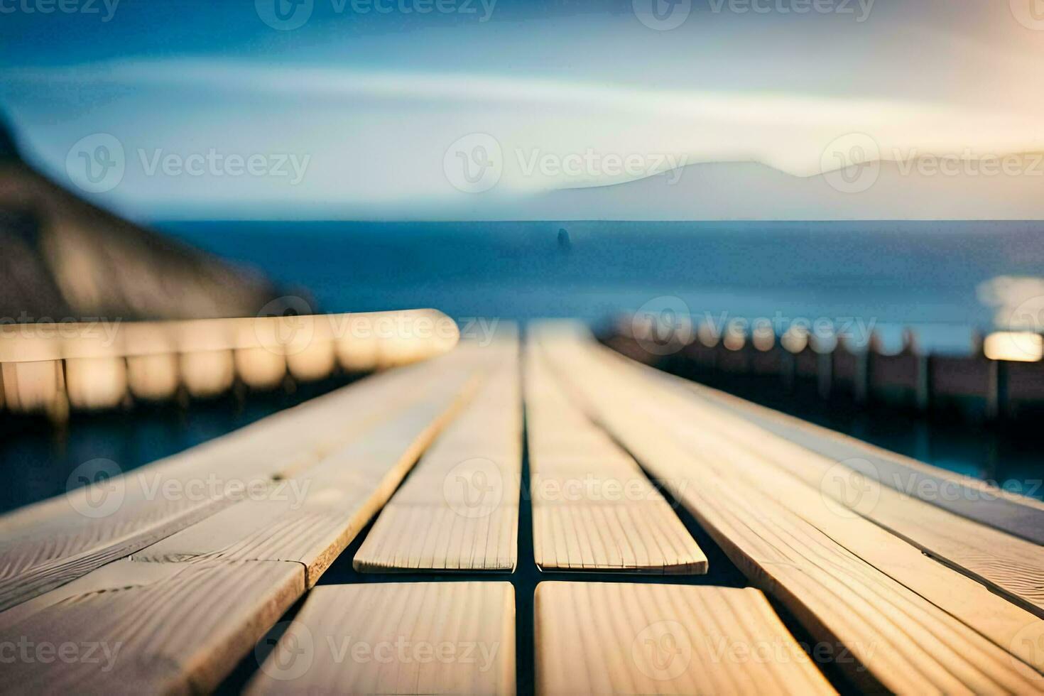 a wooden bridge over the ocean with the sun setting. AI-Generated photo