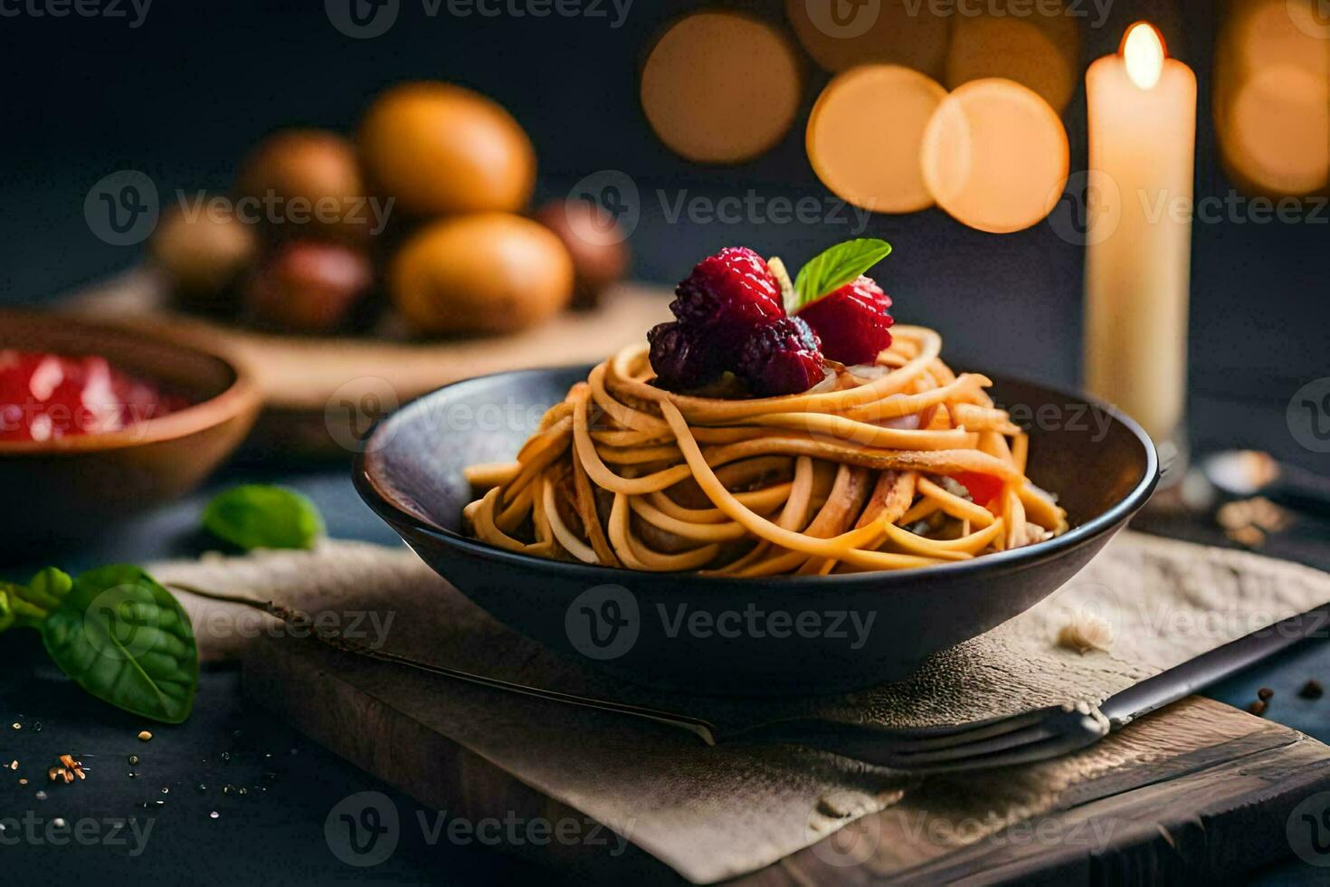 spaghetti with berries and herbs on a wooden table. AI-Generated photo