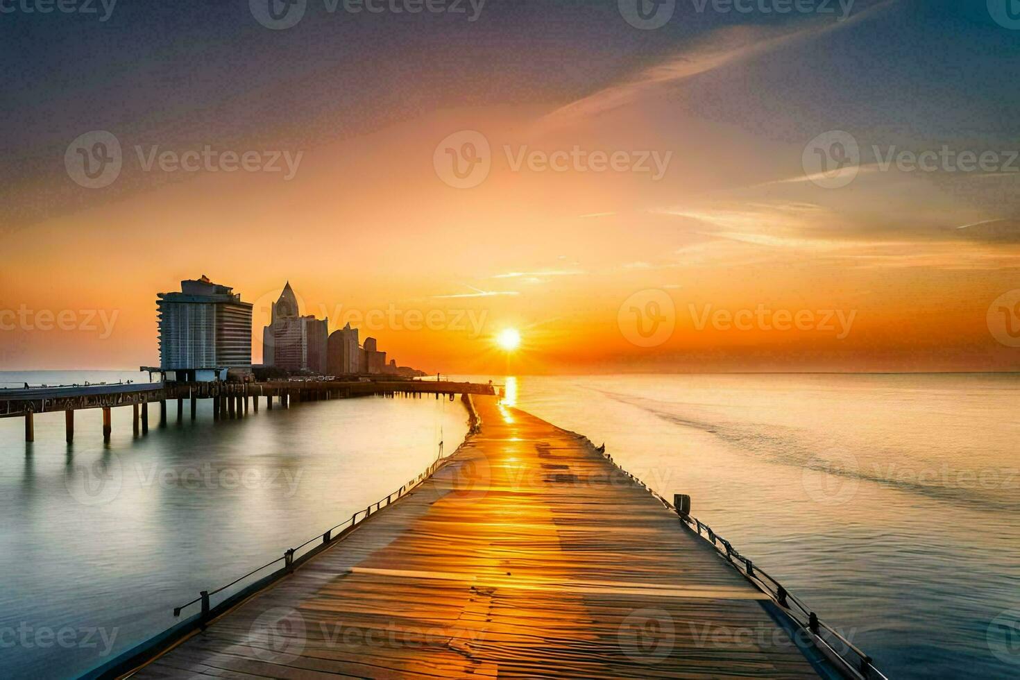 a long pier with the sun setting over the water. AI-Generated photo