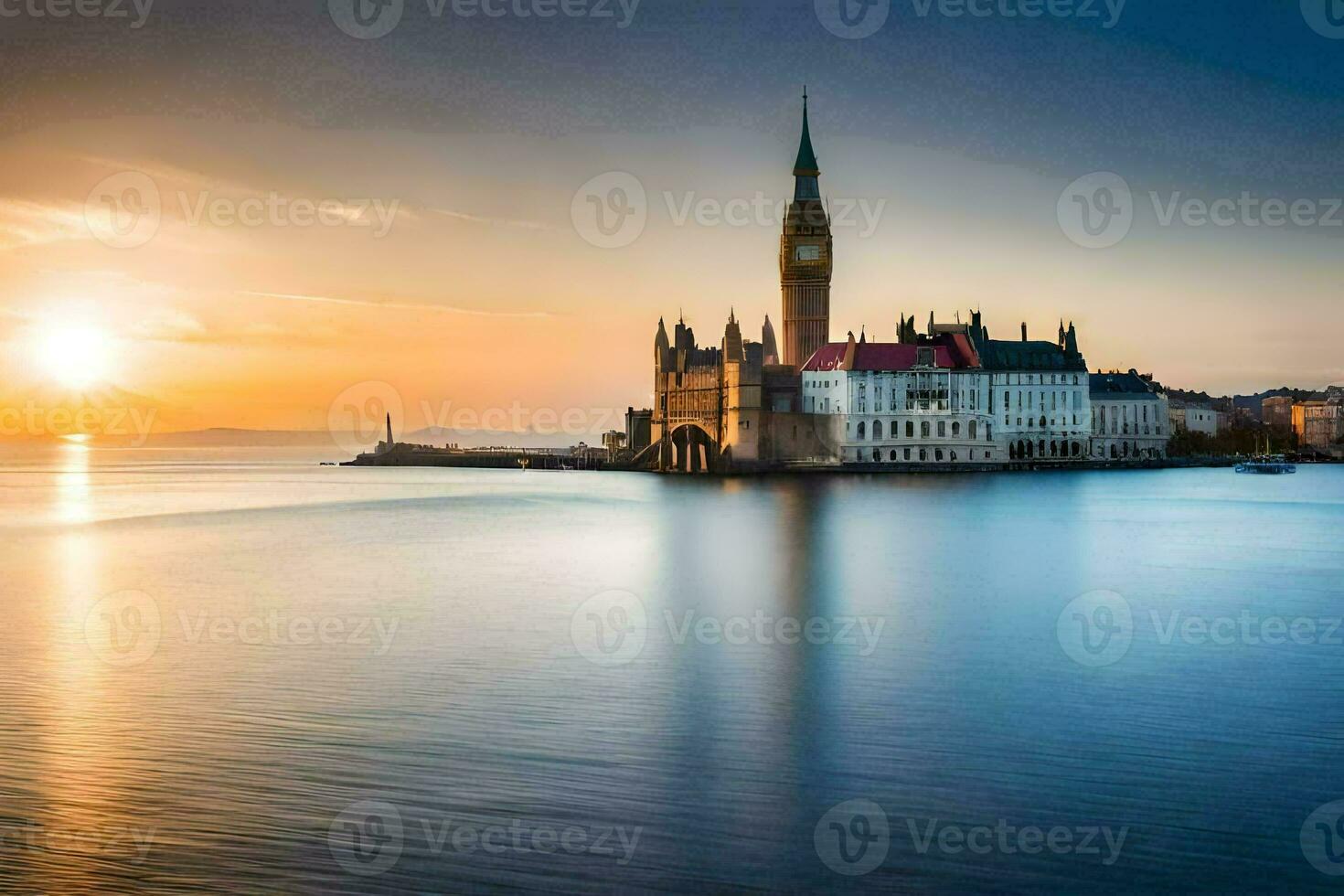 the sun rises over the water and a large building. AI-Generated photo