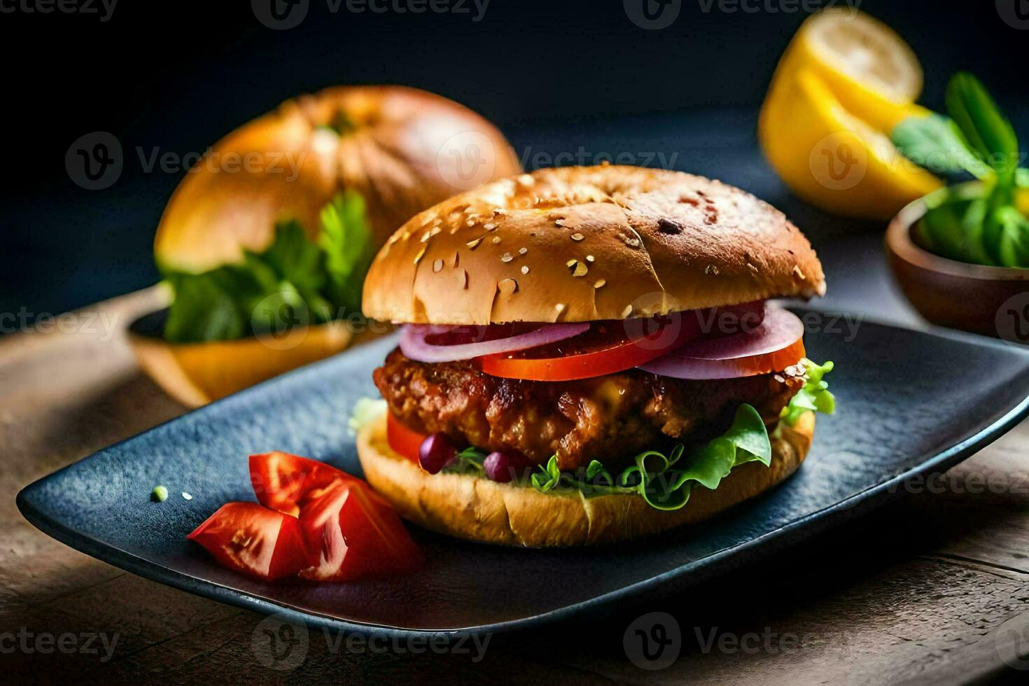 a hamburger with tomatoes and lettuce on a black plate. AI-Generated photo