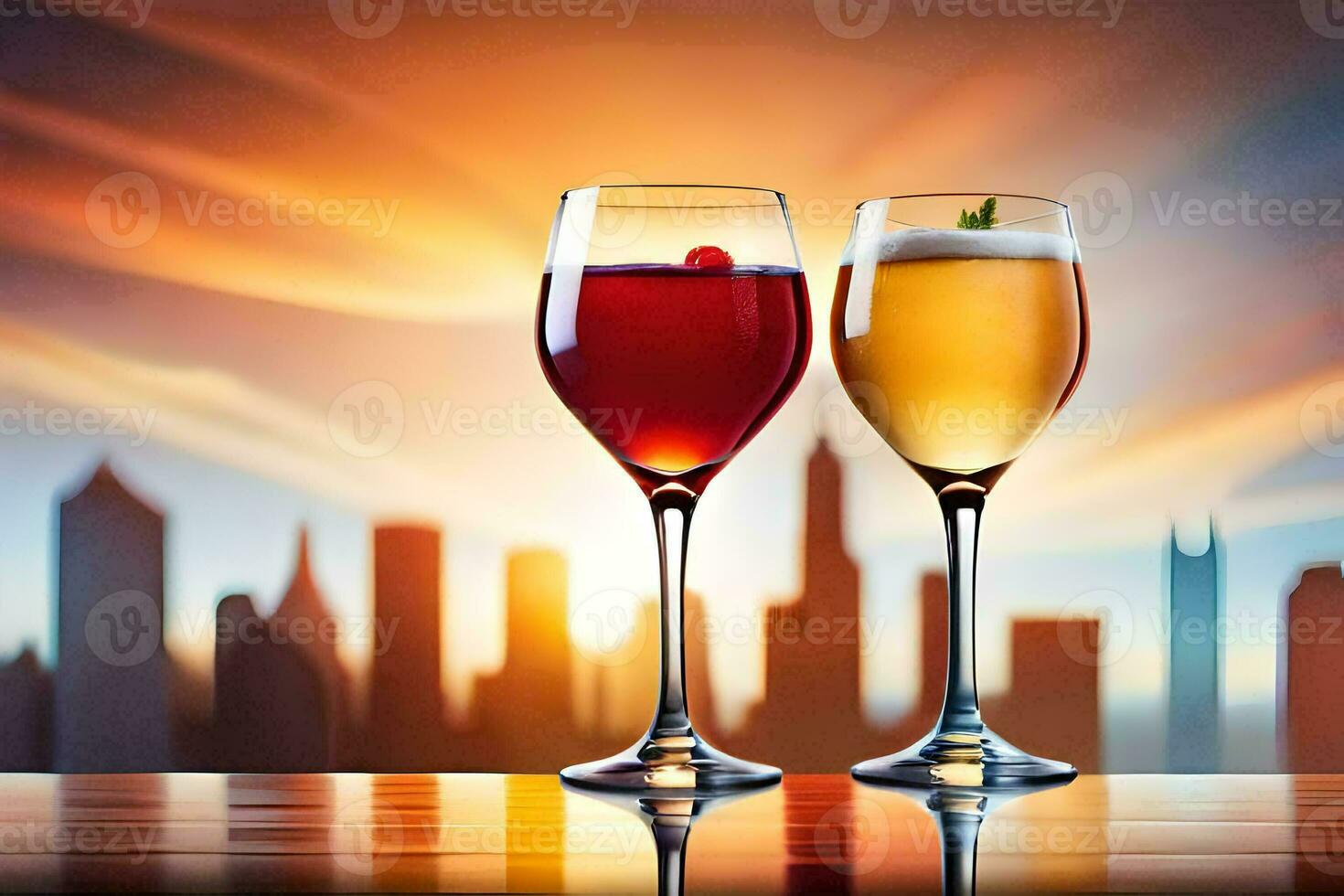 two glasses of wine with a city skyline in the background. AI-Generated photo