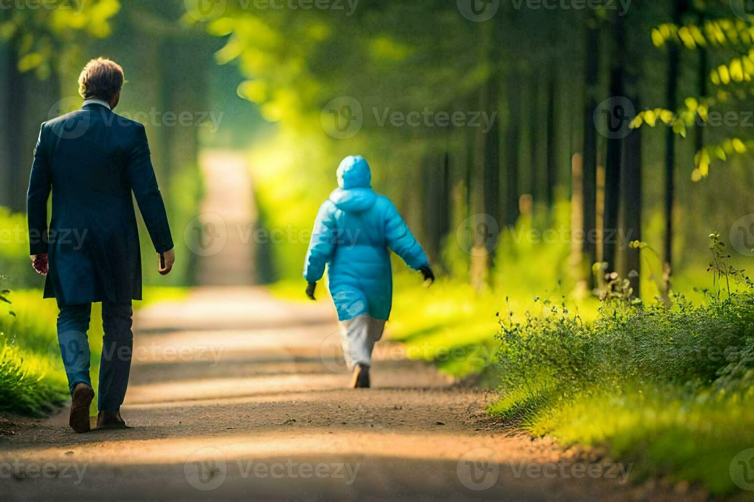 a man and woman walking down a path in the woods. AI-Generated photo