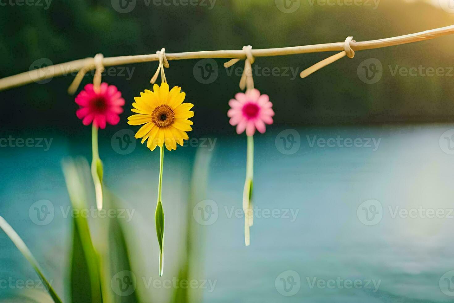 colorful flowers hanging from a clothesline near a lake. AI-Generated photo