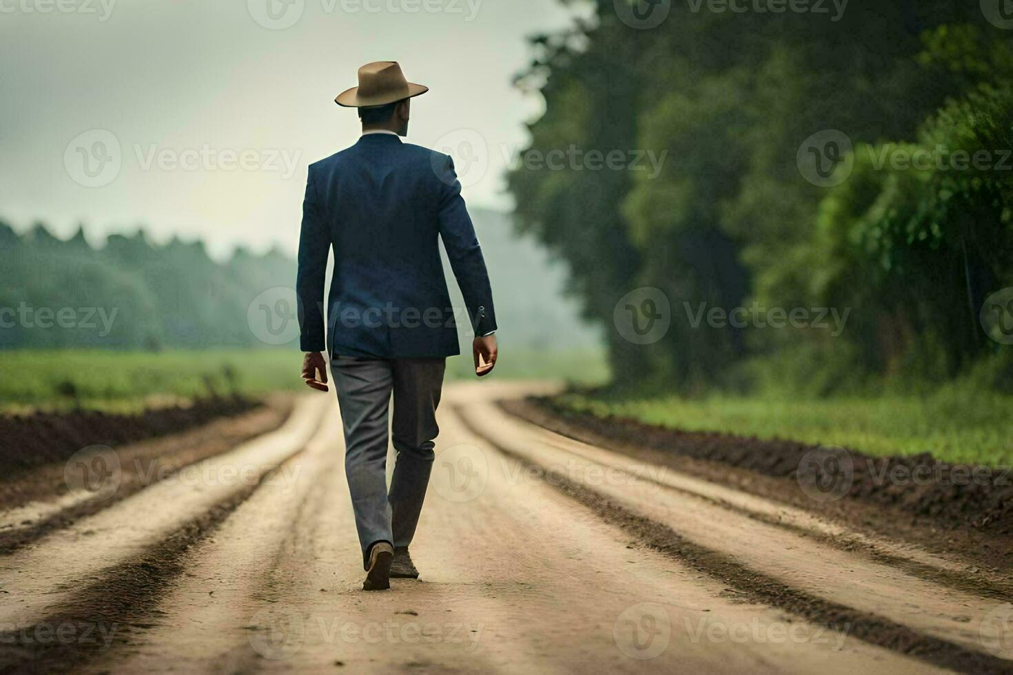 a man in a suit and hat walking down a dirt road. AI-Generated photo