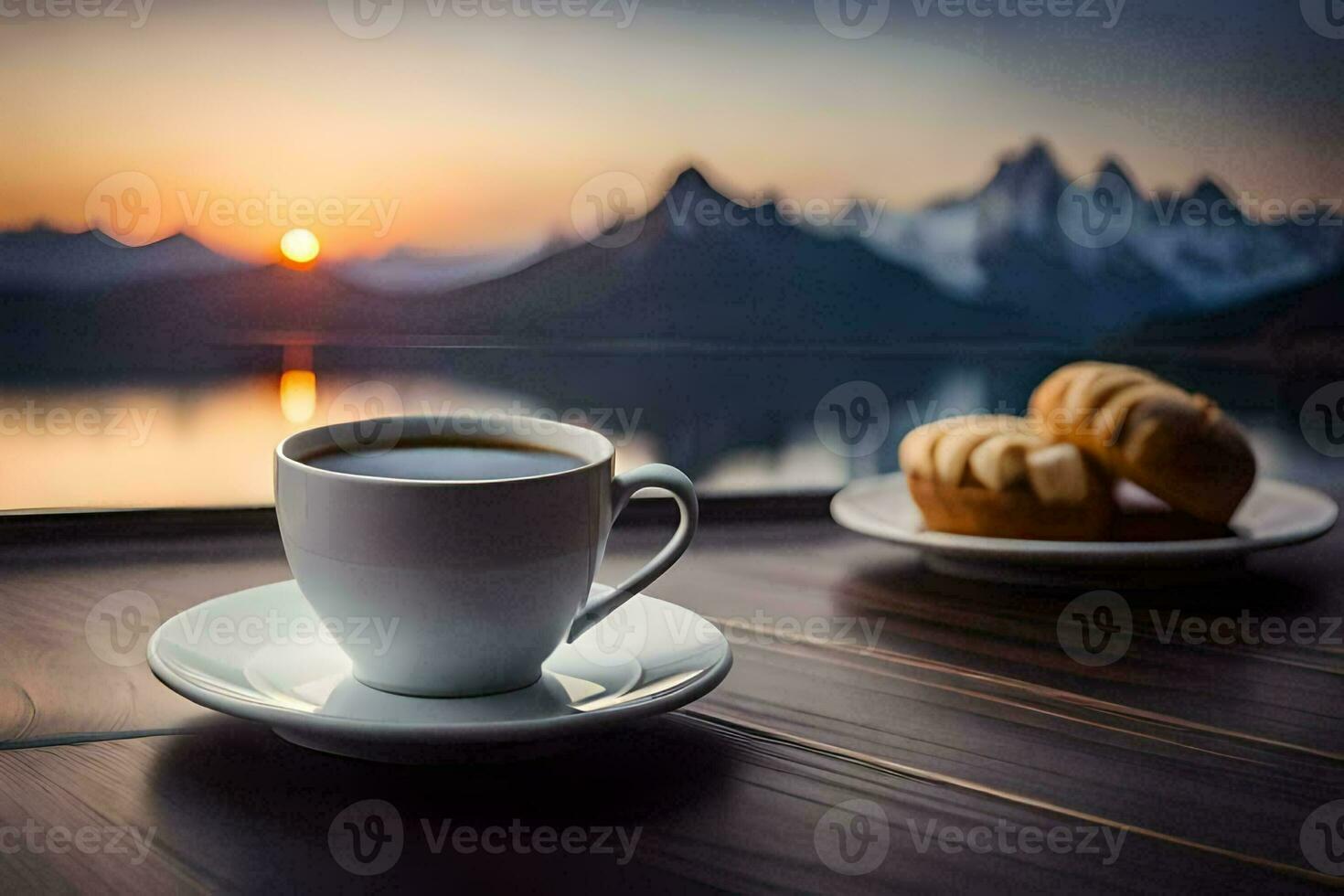 coffee and a cup of coffee on the table with a view of mountains. AI-Generated photo