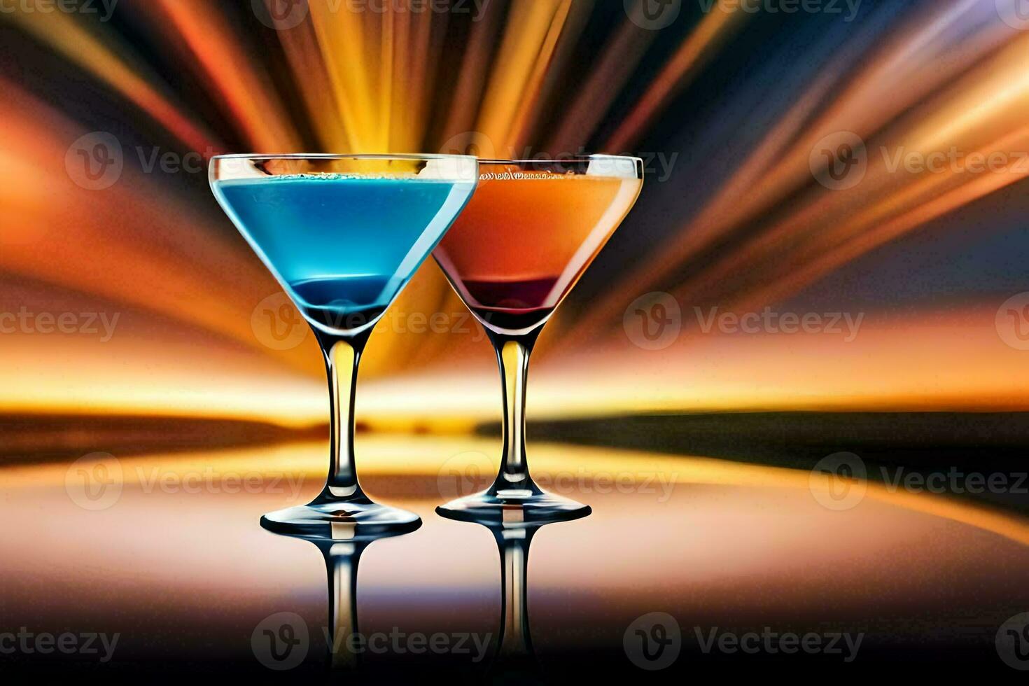 two martinis are shown in front of a bright light. AI-Generated photo