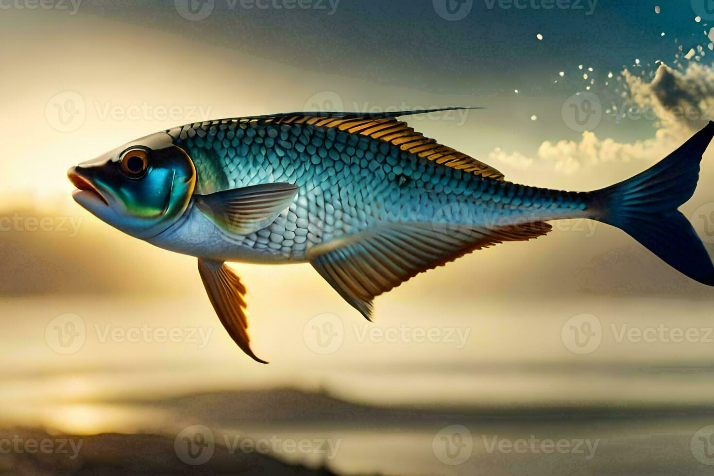 a fish is flying over the ocean at sunset. AI-Generated photo