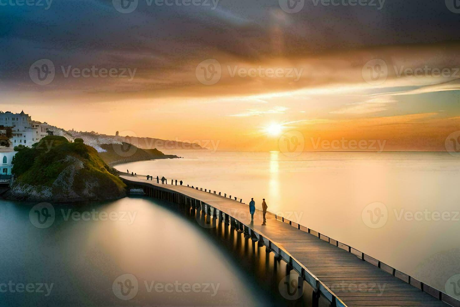 un largo exposición fotografía de un muelle a puesta de sol. generado por ai foto