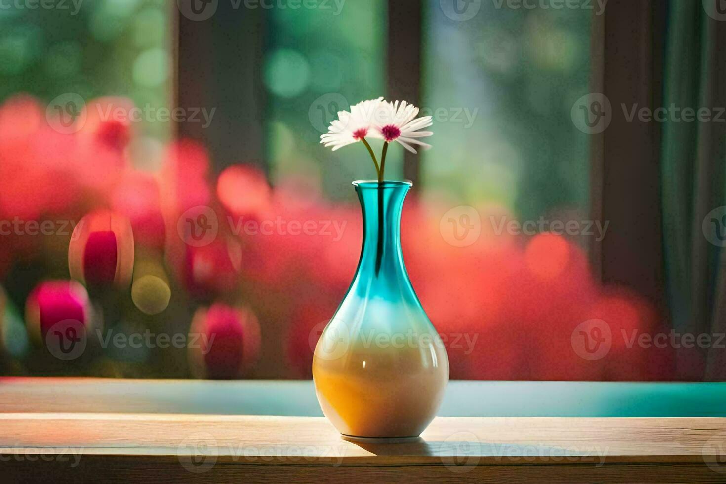 a vase with a single daisy in it on a table. AI-Generated photo