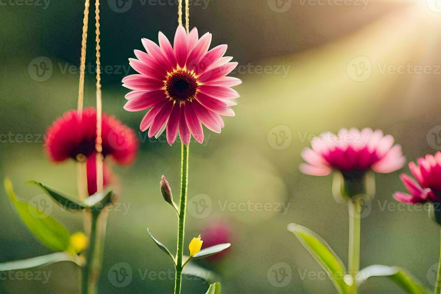 pink flowers are in the sun with green grass. AI-Generated photo