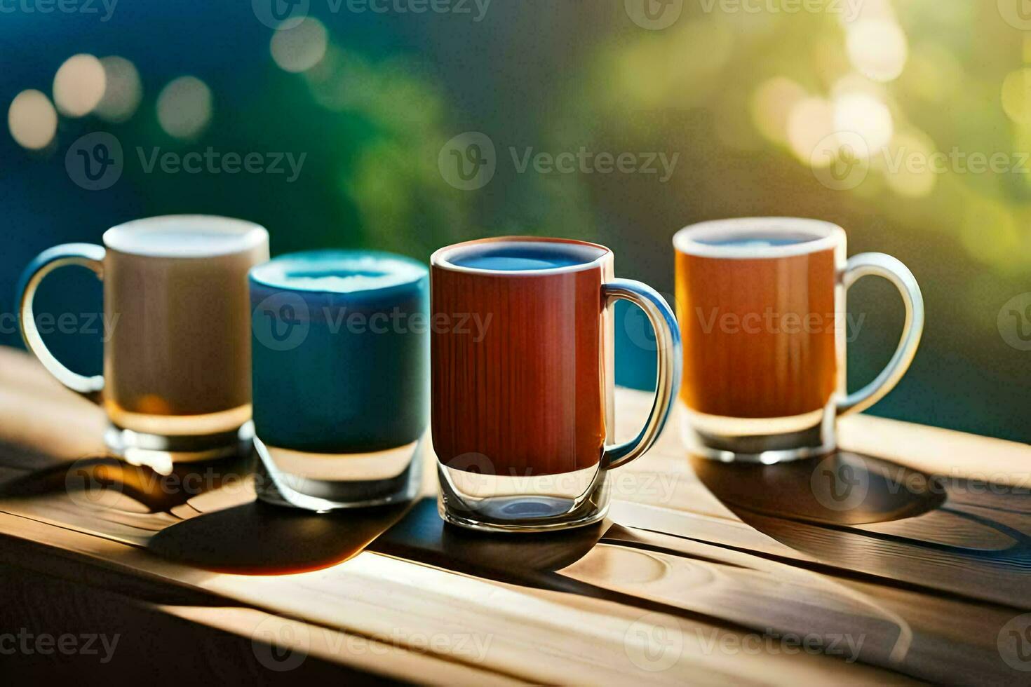 four different colored coffee mugs on a wooden table. AI-Generated photo