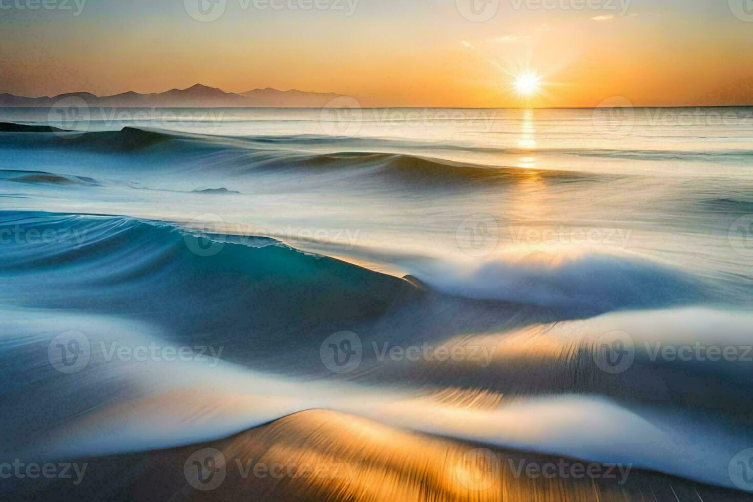 the sun sets over the ocean waves. AI-Generated photo