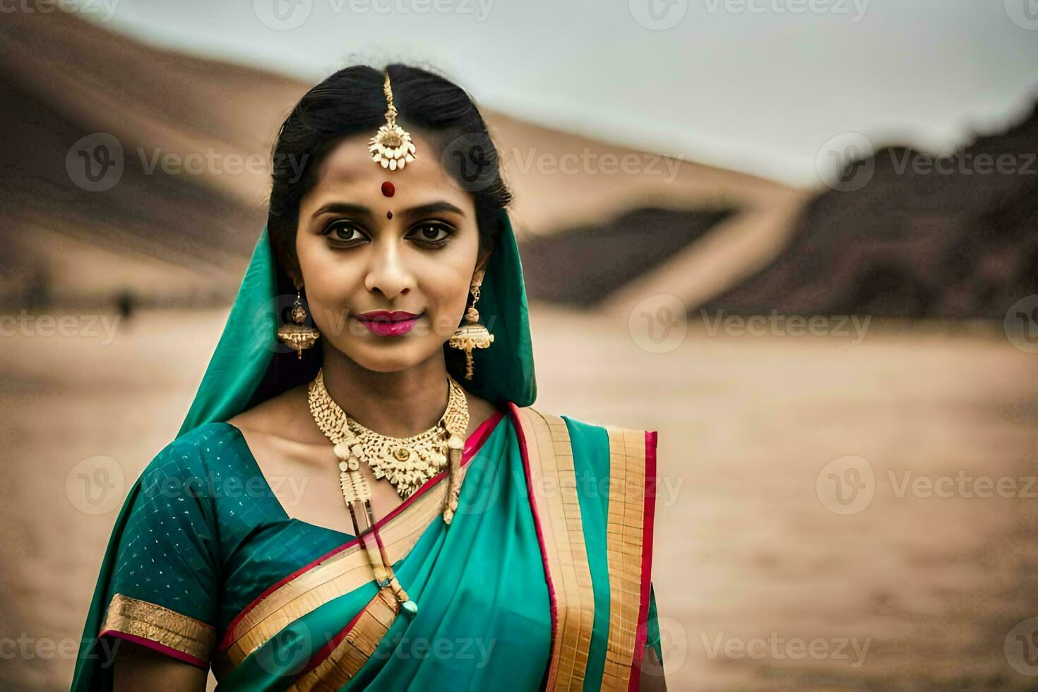 un mujer en un tradicional sari en el desierto. generado por ai foto