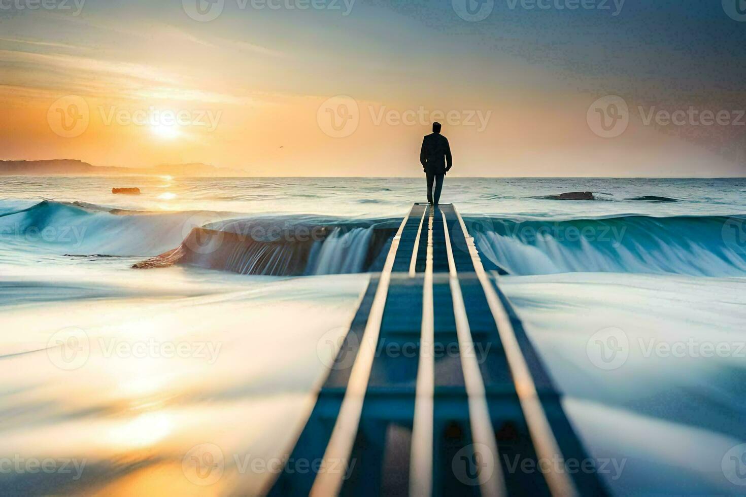 un hombre en pie en un muelle mirando fuera terminado el Oceano a puesta de sol. generado por ai foto