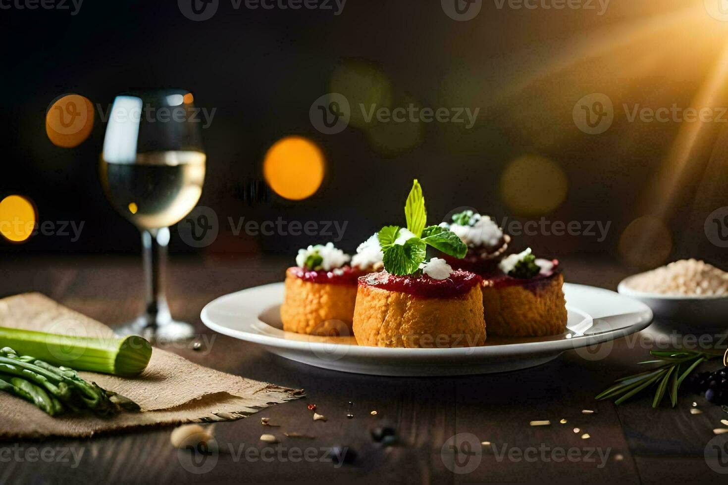 comida en un plato con vino y espárragos. generado por ai foto