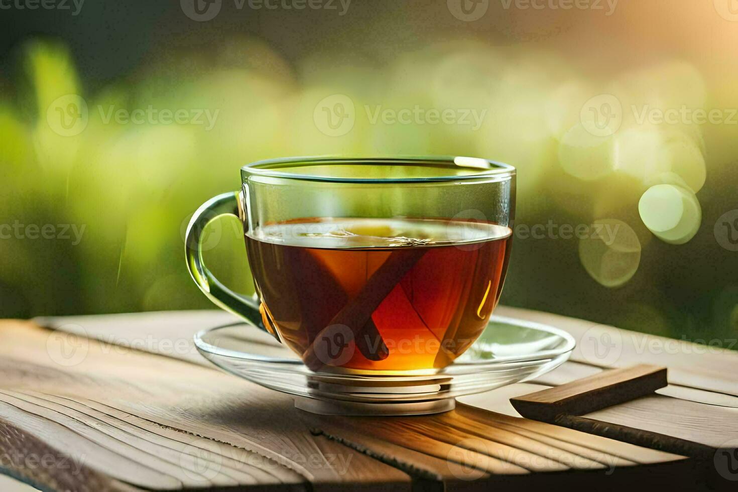 a cup of tea on a wooden table. AI-Generated photo