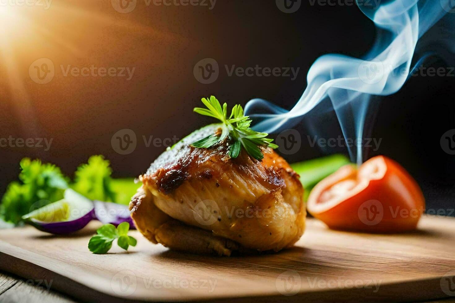 a chicken on a cutting board with smoke coming out of it. AI-Generated photo